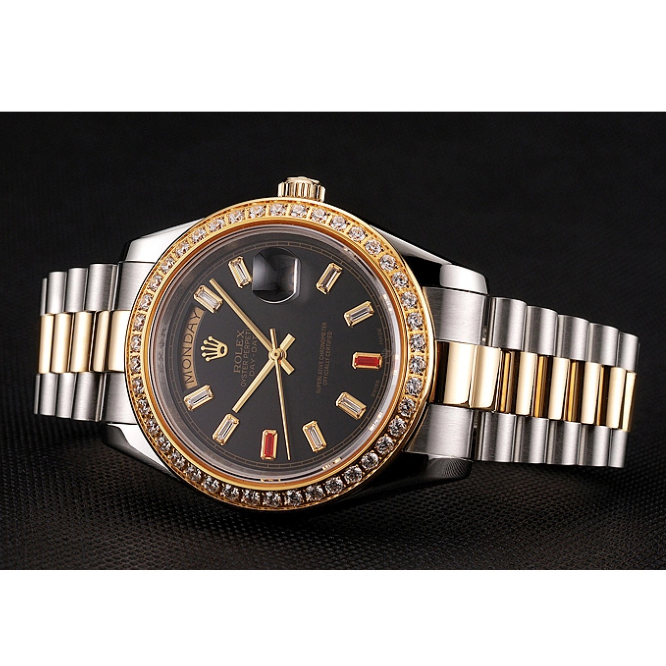 Aaa replica watch Swiss Two Rolex Rubies Bracelet Day-Date 1454105 And Dial Diamonds Black Tone 0709